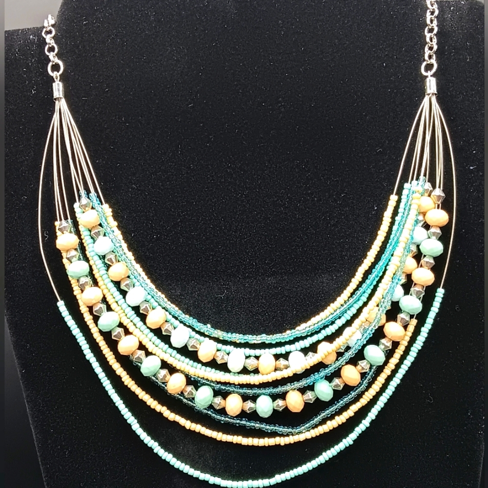 Chicos Multi Strand Beaded Statement Necklace Turquoise Cream Peach Silver Tone